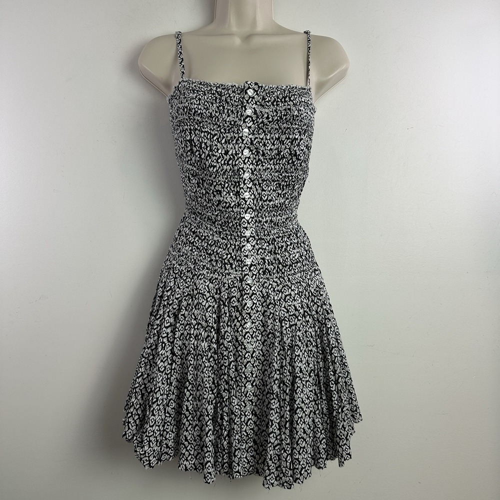 Smocked Fit & Flare Mini Dress Button Black White Coastal Feminine L Sleeveless